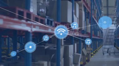 Animation of network of connections with icons over warehouse. Global shipping, business, finance, networks, computing and data processing concept digitally generated video.