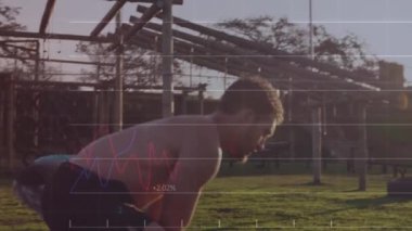 Animation of financial data processing over diverse people exercising. Global sport, finances and digital interface concept digitally generated video.