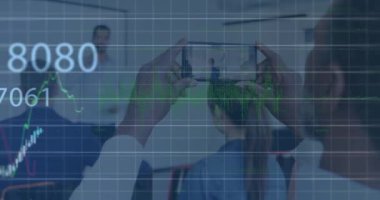 Animation of financial data processing over business people in office. Global business, finance, data processing and computing concept digitally generated video.