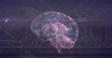 Animation of globe, cityscape and network of connections over brain. Global science and digital interface concept digitally generated video.