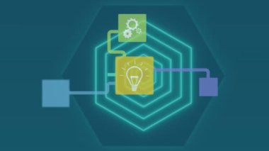 Animation of multicolored flow chart of multiple icons over hexagon pattern on blue background. Digitally generated, hologram, ideas, security, protection, message, communication and technology.