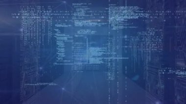 Animation of network of connections with data processing over server room. Global technology, computing and digital interface concept digitally generated video.