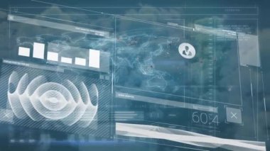 Animation of scopes and clouds over data processing. Global networks, business, finances, computing and data processing concept digitally generated video.