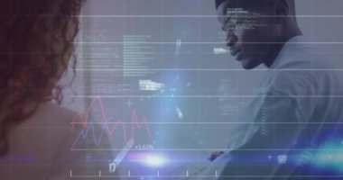 Animation of graphs, binary codes, computer language over diverse coworkers discussing blueprint. Digital composite, multiple exposure, office, report, business, teamwork and communication concept.