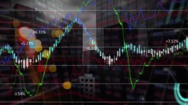 Animation of financial and business data processing over cityscape. Global finances, business, connections and data processing concept digitally generated video.