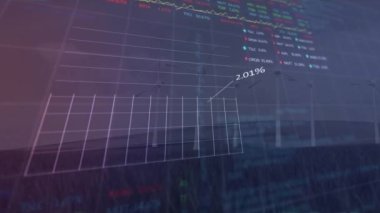 Rüzgar türbinleri üzerinde veri işleme animasyonu. küresel iş ve dijital arayüz kavramı dijital olarak oluşturulmuş video.