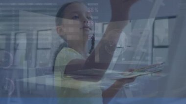 Animation of data processing over caucasian schoolgirl painting. Global education and digital interface concept digitally generated video.