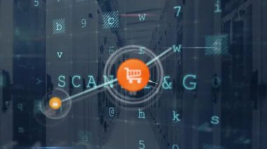 Animation of multiple texts, numbers, letters, symbols and connected icons against server room. Digital composite, multiple exposure, communication, communication, technology, network server concept.