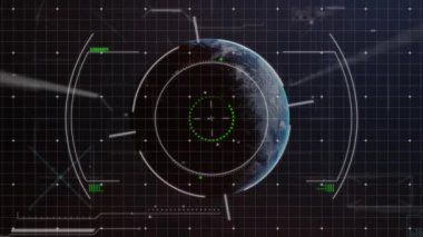 Animation of globe, scope scanning and data processing. Global science, networks, computing and data processing concept digitally generated video.