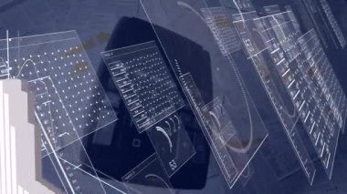 Animation of interface with data processing against calculator falling over documents. Computer interface and business technology concept