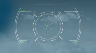 Animation of glitch technique and circles spinning over cloudy sky in background. Digitally generated, hologram, shape, television, nature, illustration, progress and technology concept.