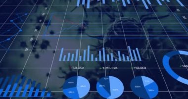 Animation of statistical data processing over covid-19 cells floating against grey background. Covid-19 pandemic and business data technology concept