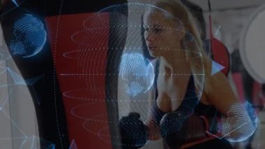Animation of globe, connected dots forming shapes over caucasian female boxer practicing on punchbag. Digital composite, multiple exposure, communication, globalization, sports and competition.