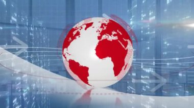 Animation of globe over moving columns on blue background. Global technology, computing and digital interface concept digitally generated video.