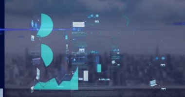Animation of statistics, data processing over cityscape. Global business, finance and data processing concept digitally generated video.