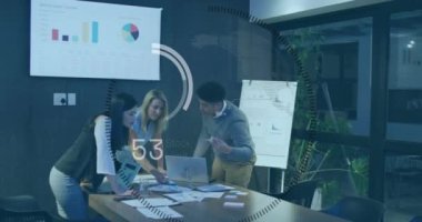 Animation of data processing over business people in office. Global computing, finance, business and data processing concept digitally generated video.