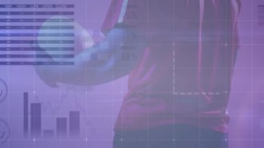 Animation of statistics and data processing over rugby player. Global sports, finance, computing, connections and data processing concept digitally generated video.