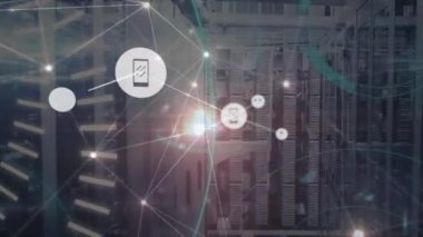 Animation of network of connections over server room. Global business and digital interface concept digitally generated video.