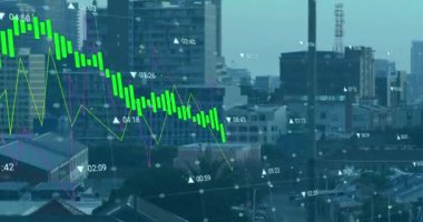 Animation of cityscape over data processing. Global business and digital interface concept digitally generated video.