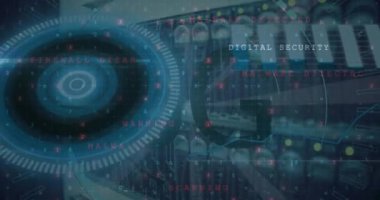 Animation of scope scanning with 5g text and data processing over server. Global technology, computing and digital interface concept digitally generated video.