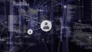 Animation of network of connections with icons over server room and data processing. Global business and digital interface concept digitally generated video.