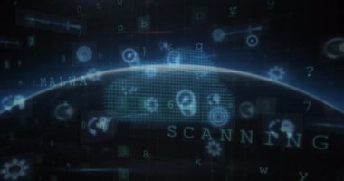 Animation of scope scanning with icons and data processing over globe. Global technology, computing and digital interface concept digitally generated video.