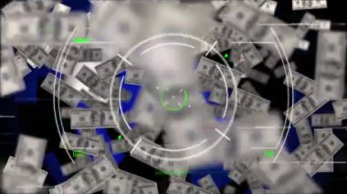 Animation of banknotes and scope scanning over globe on black background. Global business, finances and digital interface concept digitally generated video.