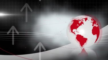 Animation of spinning globe, arrow icons and light spot against black background with copy space. Global networking and business technology concept