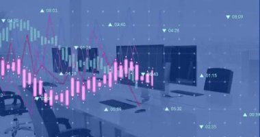 Animation of financial data processing against computers on office desks. Global economy and business technology concept