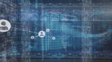 Animation of network of connections with icons over computer server. Global connections, business, finance, computing and data processing concept digitally generated video.