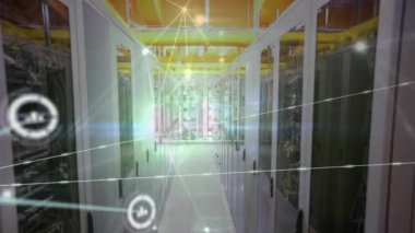 Animation of network of connections and data processing over computer servers. Global business, finance, computing and data processing concept digitally generated video.