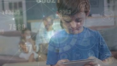 Animation of financial data processing over caucasian boy using smartphone. Global connections, computing and data processing concept digitally generated video.