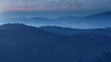 Animation of statistics and data processing over landscape. Global networks, computing and data processing concept digitally generated video.