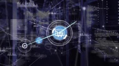 Animation of connected dots and icons with graphs and loading circles against server room. Digital composite, multiple exposure, report, finance, communication, technology and network server concept.
