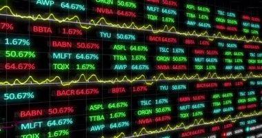 Animation of data processing and stock market over black background. Global business and digital interface concept digitally generated video.