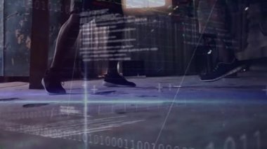 Animation of financial data processing over diverse people exercising. Global sport, finances and digital interface concept digitally generated video.