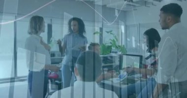 Animation of multiple graphs over diverse coworkers with tablets discussing reports in meeting. Digital composite, multiple exposure, report, office, teamwork, communication and technology concept.