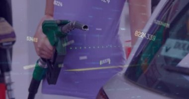 Animation of super sale text and data processing over caucasian woman fueling car at gas station. Global finances, transport and sale concept digitally generated video.