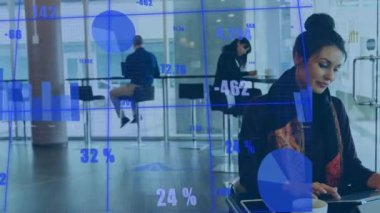 Animation of financial data processing over business people working in office. Global business finance connections and digital interface concept digitally generated video.