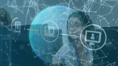 Animation of network of connections with icons over businesswoman. Global computing, business, finance, networks and data processing concept digitally generated video.