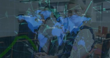 Animation of world map and financial data processing over business people in office. Global business, finance, data processing and computing concept digitally generated video.
