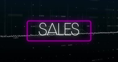 Animation of sales text in rectangle and graphs with increasing numbers against black background. Digitally generated, hologram, report, finance, growth, discount, advertisement and abstract.