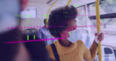 Animation of financial data processing and woman in face mask on bus. Covid 19 pandemic, medicine, healthcare, finance, computing and data processing concept digitally generated video.