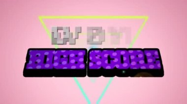 Animation of wow and high score text over looping triangles against pink background. Digitally generated, hologram, illustration, illuminated, arcade, gaming and technology concept.