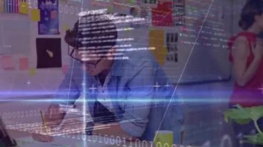 Animation of stock market data processing over caucasian man taking notes at office. Global economy and business technology concept