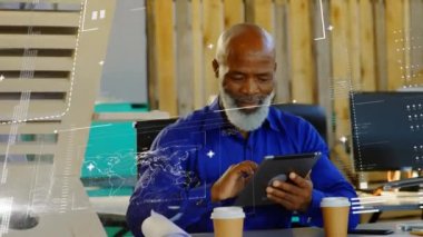 Animation of graphs, bars, computer language, african american man using digital tablet in office. Digital composite, multiple exposure, report, business, coding, machine learning and technology.