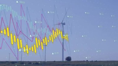 Animation of data processing over wind turbine. Global environment, sustainability, wind energy and data processing concept digitally generated video.