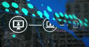 Dünya haritası üzerinde veri işleme animasyonu. küresel iş ve dijital arayüz kavramı dijital olarak oluşturulmuş video.