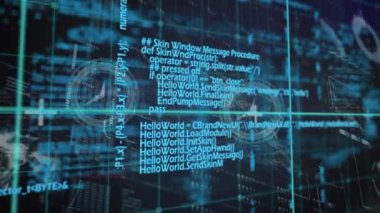 Animation of clocks and data processing over grid. Global business, finances, computing and data processing concept digitally generated video.