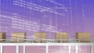 Animation of interface with data processing over boxes on conveyer belt against gradient background. Logistics and transportation business technology concept